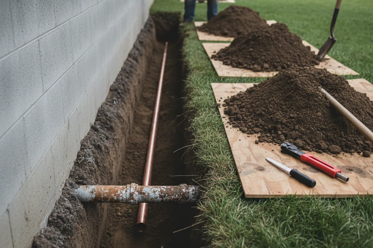 Excavated water line trench during Sewer Line Repair in Roachdale